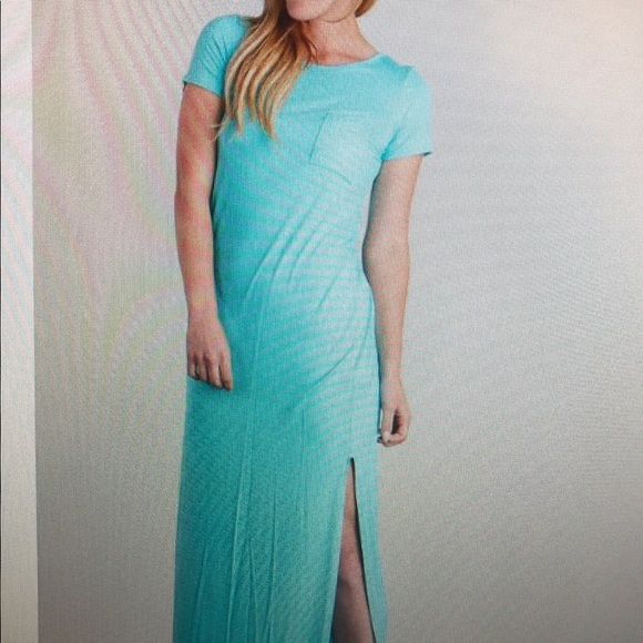 Long pocketed maxi dress turquoise/aqua with split - Picture 3 of 3